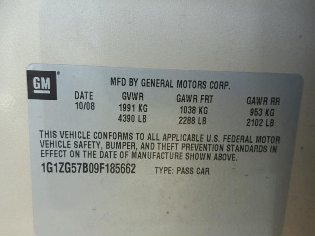 1G1ZG57B09F185662 - 2009 CHEVROLET MALIBU LS 金色 照片 10