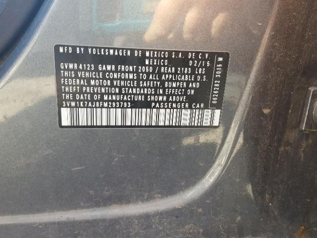 3VW1K7AJ8FM293793 - 2015 VOLKSWAGEN JETTA BASE GRAY photo 10