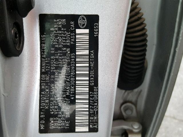 4T1BK3DB7BU403495 - 2011 TOYOTA AVALON BAS Күміс фото 10