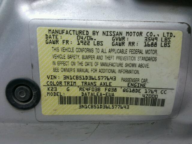 3N1CB51D36L577643 - 2006 NISSAN SENTRA 1.8 SILVER photo 10