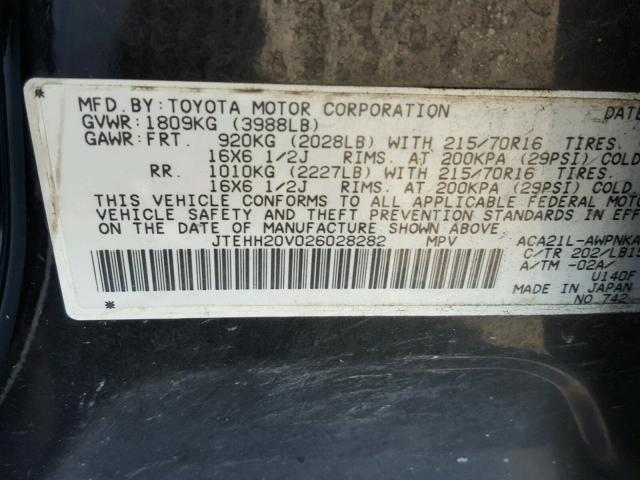 JTEHH20V026028282 - 2002 TOYOTA RAV4 BLACK photo 10