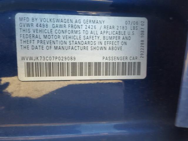 WVWJK73C07P029089 - 2007 VOLKSWAGEN PASSAT BLUE photo 10