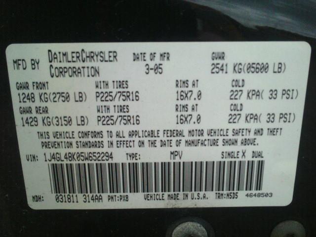 1J4GL48K05W652294 - 2005 JEEP LIBERTY SP BLACK photo 10