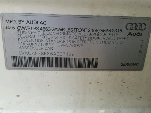 WAUAF78EX6A257128 - 2006 AUDI A4 2 WHITE photo 10