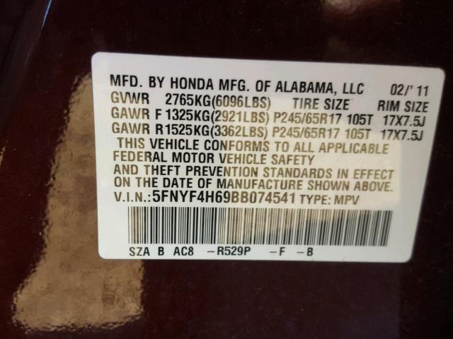 5FNYF4H69BB074541 - 2011 HONDA PILOT EXL MAROON photo 10