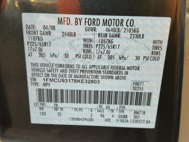 1FMCU93178KE32803 - 2008 FORD ESCAPE XLT CHARCOAL photo 10