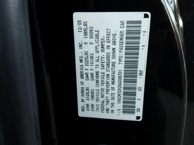 1HGCM72626A008701 - 2006 HONDA ACCORD EX BLACK photo 10