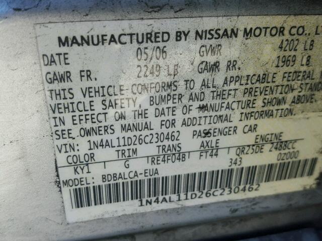 1N4AL11D26C230462 - 2006 NISSAN ALTIMA S SILVER photo 10