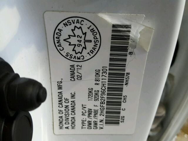 2HGFB2F96CH117301 - 2012 HONDA CIVIC EXL 白色 照片 10