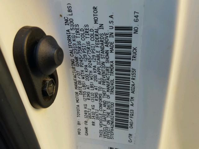 5TEPX42N68Z480700 - 2008 TOYOTA TACOMA WHITE photo 10