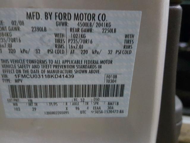 1FMCU03118KD41439 - 2008 FORD ESCAPE XLT SILVER photo 10