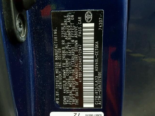 4T1BF3EK0AU512947 - 2010 TOYOTA CAMRY BASE BLUE photo 10