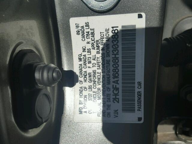 2HGFA16808H303881 - 2008 HONDA CIVIC EX GRAY photo 10