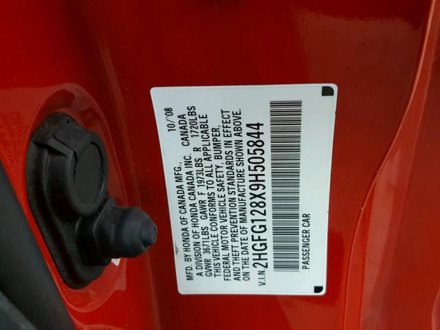 2HGFG128X9H505844 - 2009 HONDA CIVIC EX RED photo 10