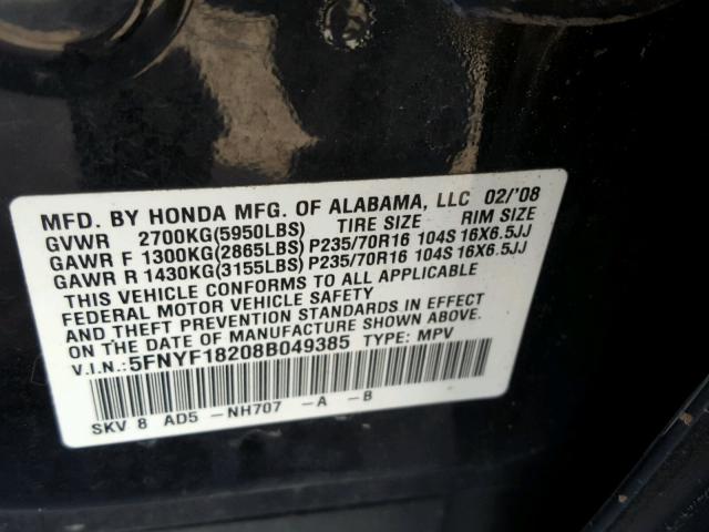 5FNYF18208B049385 - 2008 HONDA PILOT VP BLACK photo 10