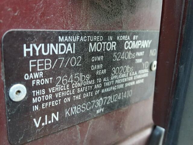 KM8SC73D72U241410 - 2002 HYUNDAI SANTA FE G RED photo 10