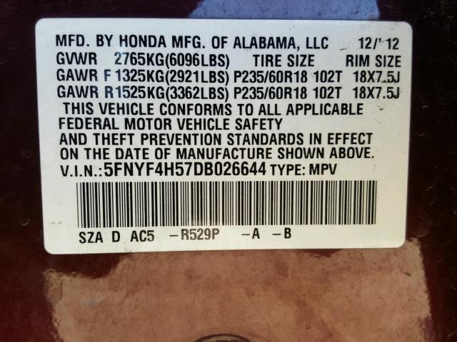 5FNYF4H57DB026644 - 2013 HONDA PILOT EXL BURGUNDY photo 10