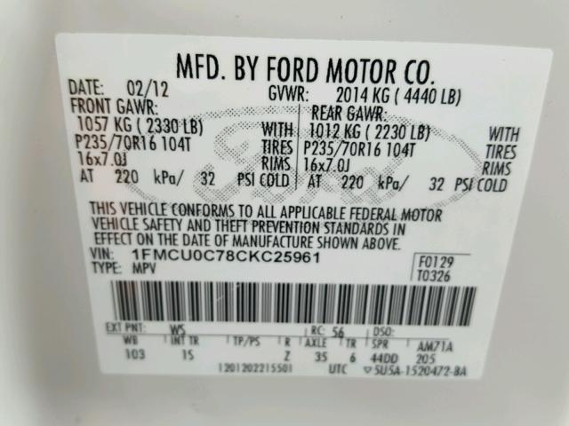 1FMCU0C78CKC25961 - 2012 FORD ESCAPE XLS WHITE photo 10