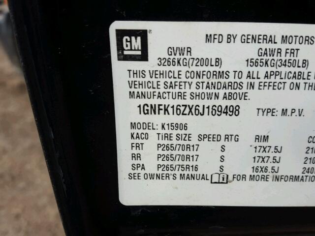 1GNFK16ZX6J169498 - 2006 CHEVROLET SUBURBAN K BLACK photo 10