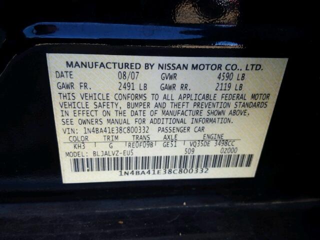 1N4BA41E38C800332 - 2008 NISSAN MAXIMA SE BLACK photo 10