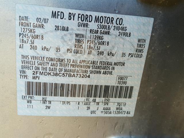 2FMDK38C57BA73204 - 2007 FORD EDGE SEL SILVER photo 10