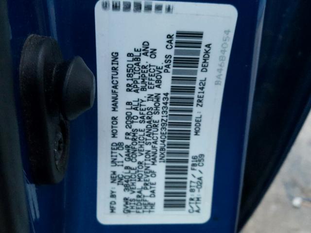 1NXBU40E39Z133434 - 2009 TOYOTA COROLLA BA BLUE photo 10