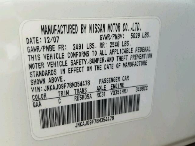 JNKAJ09F78M354478 - 2008 INFINITI EX35 BASE WHITE photo 10