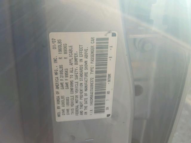 1HGCM56407A096372 - 2007 HONDA ACCORD LX SILVER photo 10