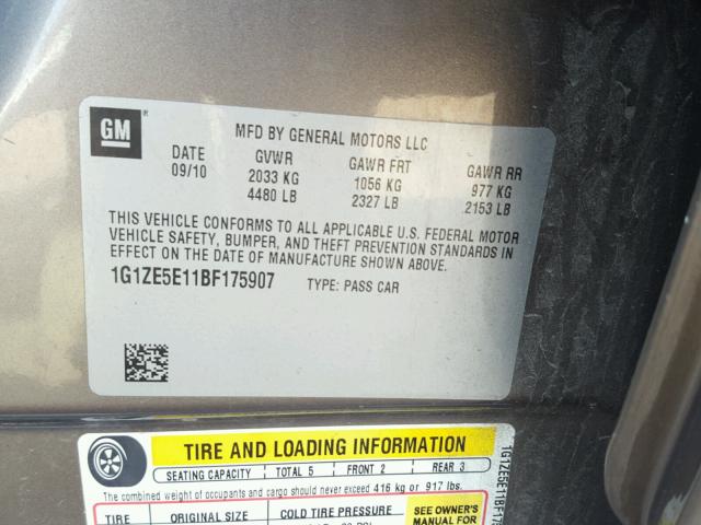 1G1ZE5E11BF175907 - 2011 CHEVROLET MALIBU LTZ 灰色 照片 10