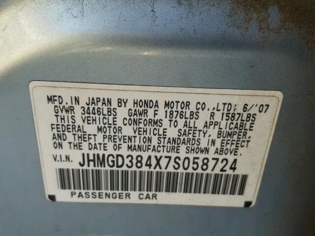 JHMGD384X7S058724 - 2007 HONDA FIT Niebieski zdjęcie 10