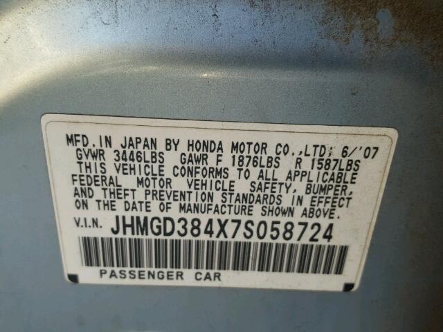 JHMGD384X7S058724 - 2007 HONDA FIT BLUE photo 10