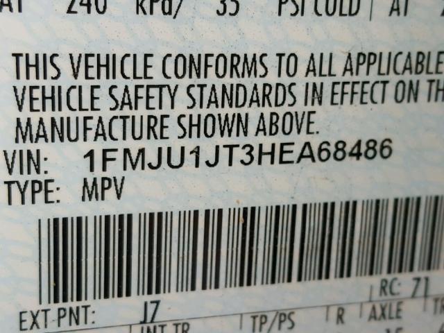 1FMJU1JT3HEA68486 - 2017 FORD EXPEDITION GRAY photo 10