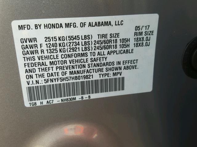 5FNYF5H57HB019821 - 2017 HONDA PILOT EXL SILVER photo 10