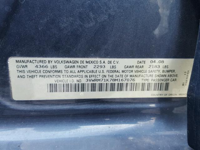 3VWRM71K78M167076 - 2008 VOLKSWAGEN JETTA SE BLUE photo 10