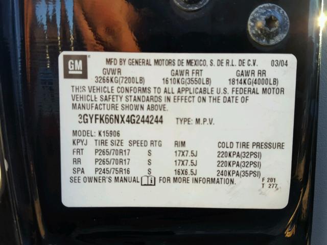 3GYFK66NX4G244244 - 2004 CADILLAC ESCALADE E BLACK photo 10