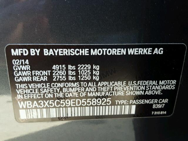 WBA3X5C59ED558925 - 2014 BMW 328 XIGT GRAY photo 10