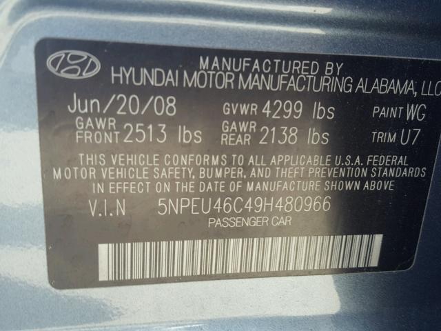 5NPEU46C49H480966 - 2009 HYUNDAI SONATA SE BLUE photo 10