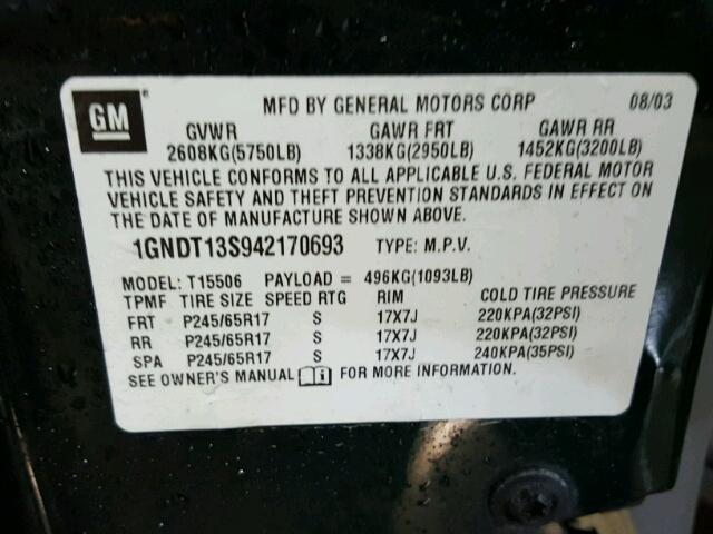 1GNDT13S942170693 - 2004 CHEVROLET TRAILBLAZE GREEN photo 10