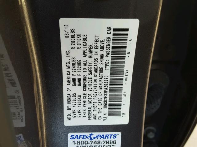 1HGCR2F33FA262390 - 2015 HONDA ACCORD LX GRAY photo 10