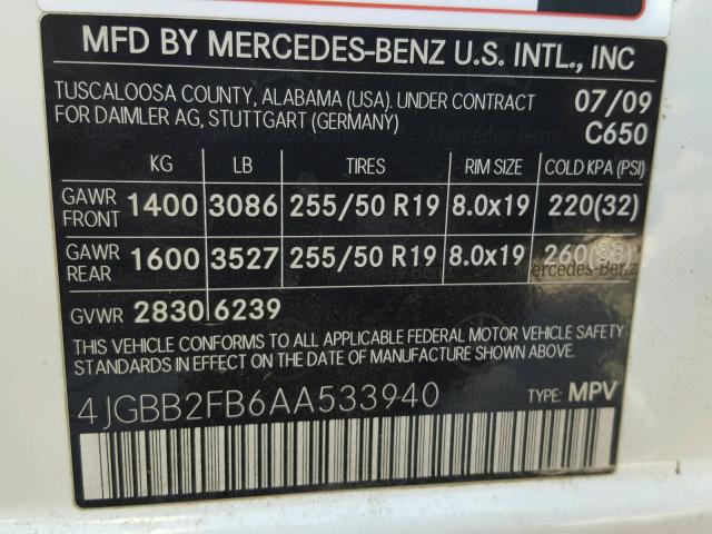 4JGBB2FB6AA533940 - 2010 MERCEDES-BENZ ML 350 BLU WHITE photo 10