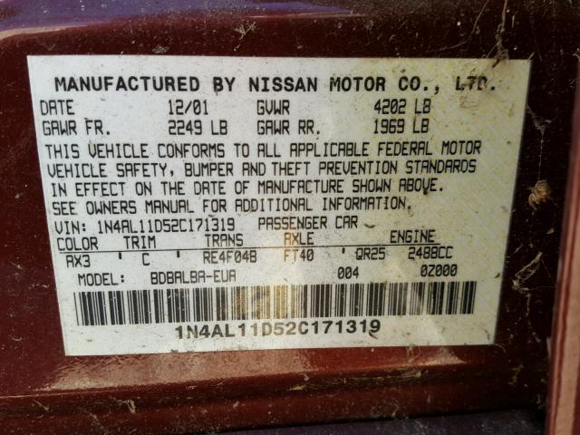 1N4AL11D52C171319 - 2002 NISSAN ALTIMA BAS BURGUNDY photo 10