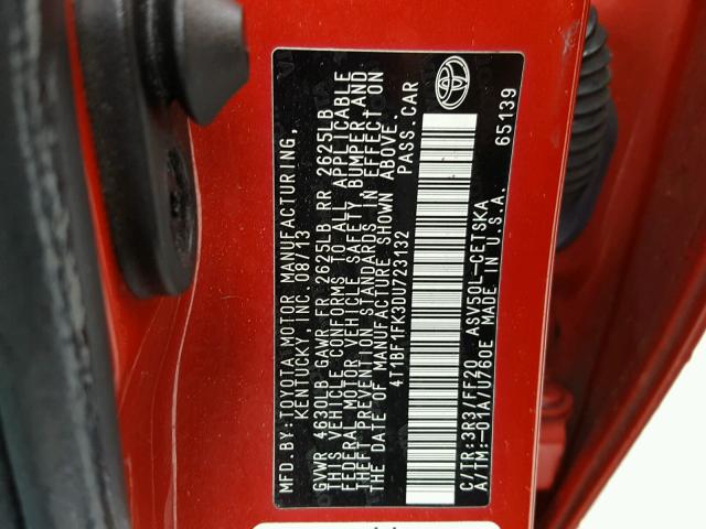 4T1BF1FK3DU723132 - 2013 TOYOTA CAMRY L RED photo 10