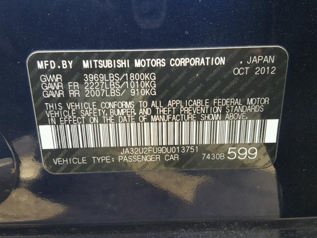 JA32U2FU9DU013751 - 2013 MITSUBISHI LANCER ES/ BLUE photo 10