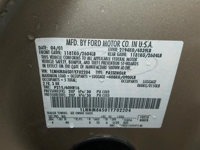 1LNHM86S01Y702204 - 2001 LINCOLN LS 金色 照片 10