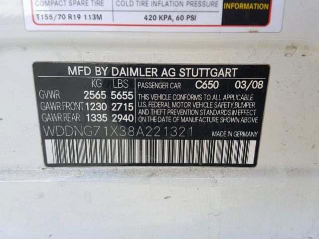 WDDNG71X38A221321 - 2008 MERCEDES-BENZ S 550 WHITE photo 10