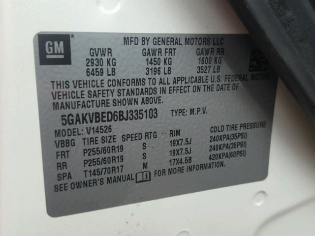 5GAKVBED6BJ335103 - 2011 BUICK ENCLAVE CX WHITE photo 10