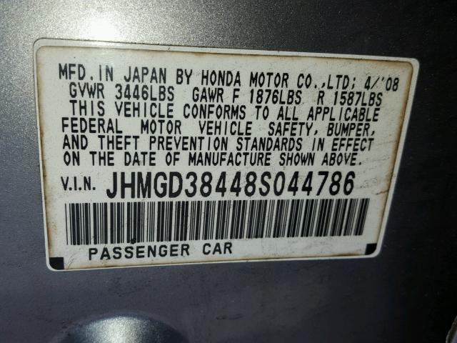 JHMGD38448S044786 - 2008 HONDA FIT SILVER photo 10