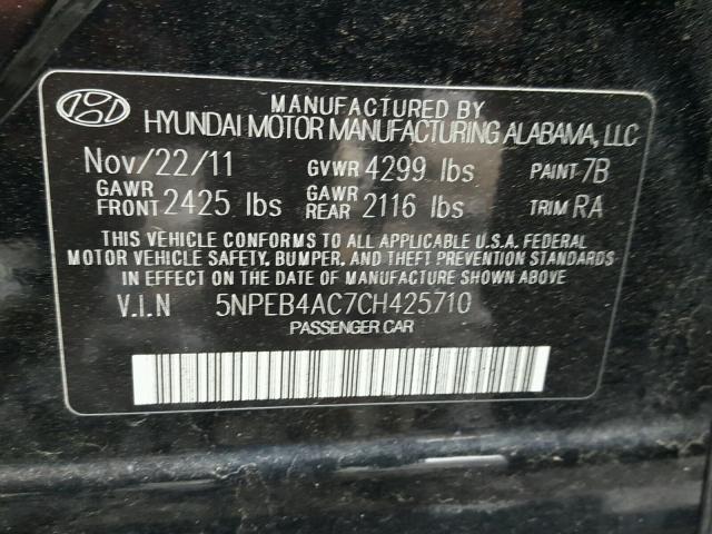 5NPEB4AC7CH425710 - 2012 HYUNDAI SONATA GLS BLACK photo 10