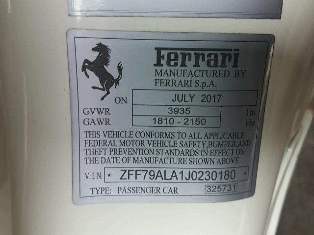 ZFF79ALA1J0230180 - 2018 FERRARI 488 GTB WHITE photo 10