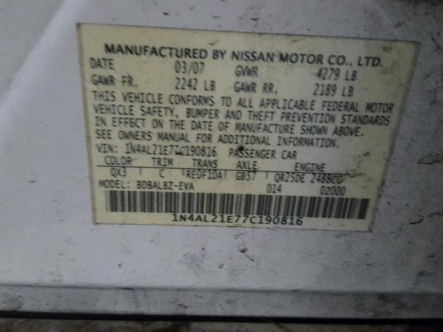 1N4AL21E77C190816 - 2007 NISSAN ALTIMA 2.5 WHITE photo 10